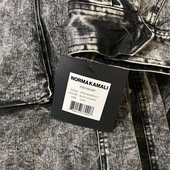 $395 Norma Kamali Cargo Utility Jacket Dress Hooded Zip Denim Black Acid Wash 12 - Picture 6 of 8